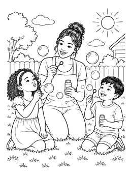A cheerful nanny coloring page with two young children blowing soap bubbles in the backyard.