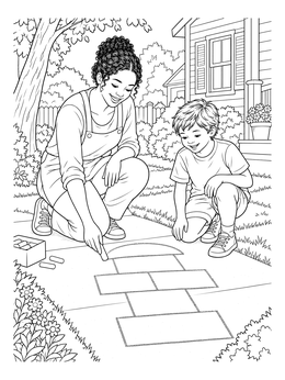 A smiling nanny and boy sketch outdoors in this nanny coloring page.
