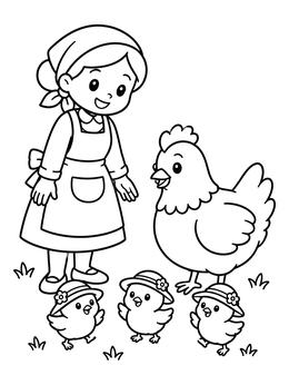 Free printable Friendly Farm Caregiver With Hen And Chicks coloring page