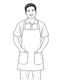 A smiling male caregiver with hands in pockets on this nanny coloring page.