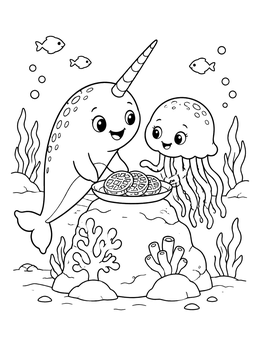 A narwhal coloring page with a cute narwhal and jellyfish sharing waffles underwater.