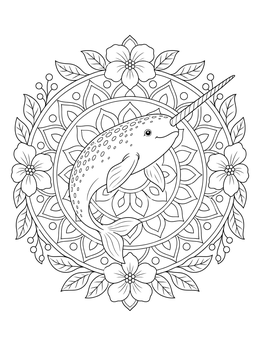 Detailed narwhal coloring page framed inside a circular floral mandala.