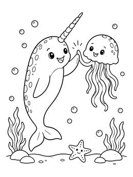 A happy narwhal coloring page with a friendly jellyfish sharing a high five underwater.