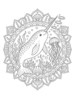 A peaceful narwhal coloring page with a jellyfish framed by a detailed seashell mandala.