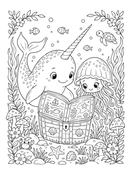 A cute narwhal coloring page with a jellyfish reading an open book over a treasure chest.
