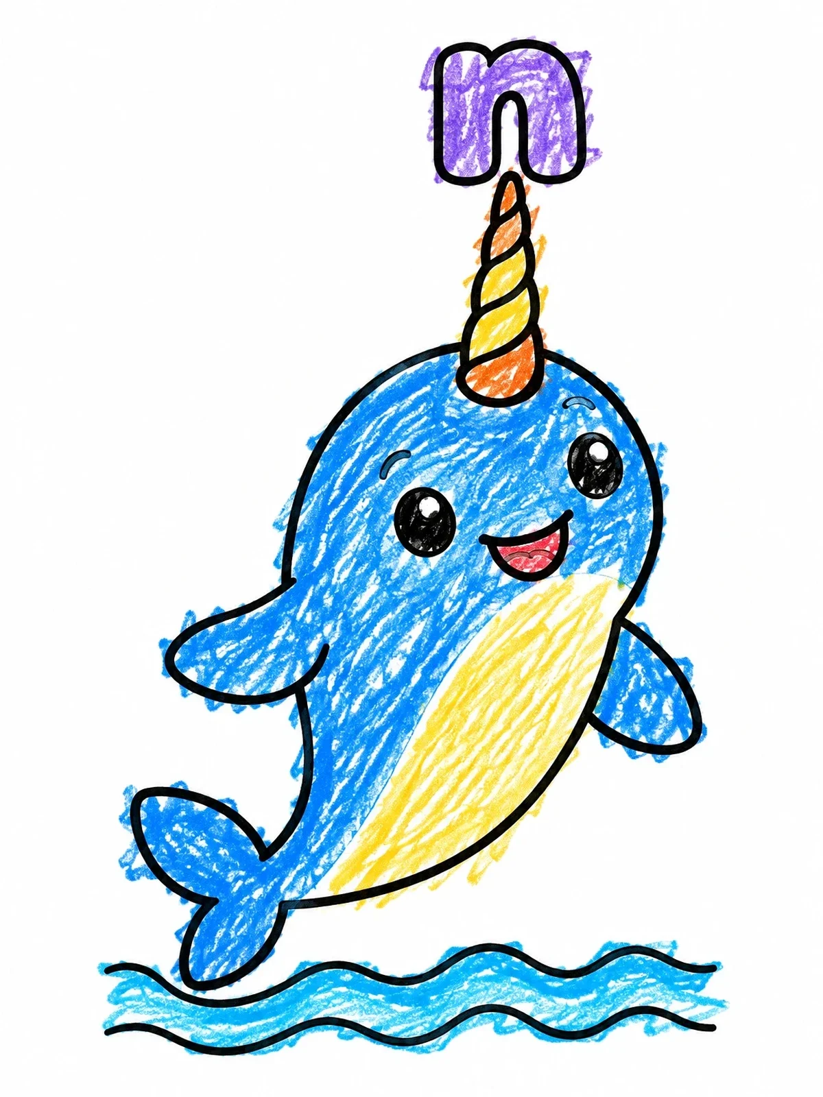 Colored example of the Narwhal Balancing Lowercase Letter N coloring page