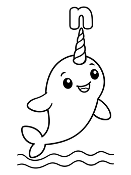 Free printable Narwhal Balancing Lowercase Letter N coloring page