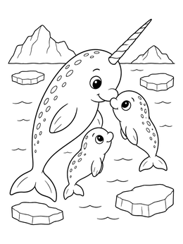 A sweet narwhal coloring page showing a mother narwhal with two little calves among ice floes.