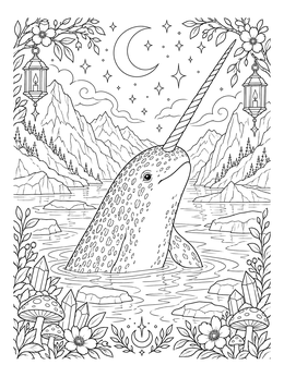 A detailed narwhal coloring page with mountains, lanterns, and a crescent moon.