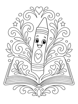 A smiling crayon stands in an open book with swirls in this national crayon day coloring page.