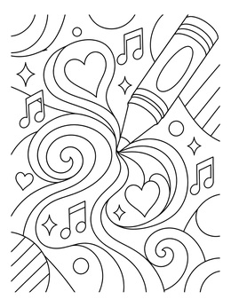 A creative national crayon day coloring page with a crayon drawing hearts, notes, and swirls.