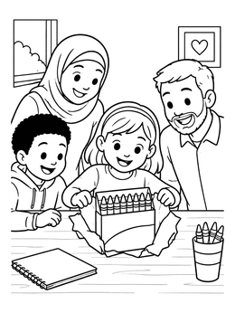 Free printable Family Unwrapping New Crayon Box coloring page
