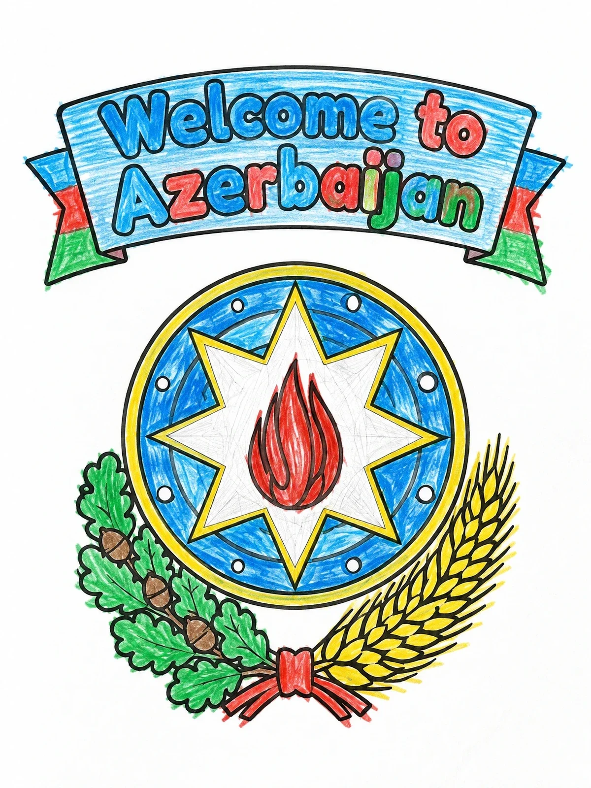 Colored example of the National Emblem Of Azerbaijan Banner coloring page
