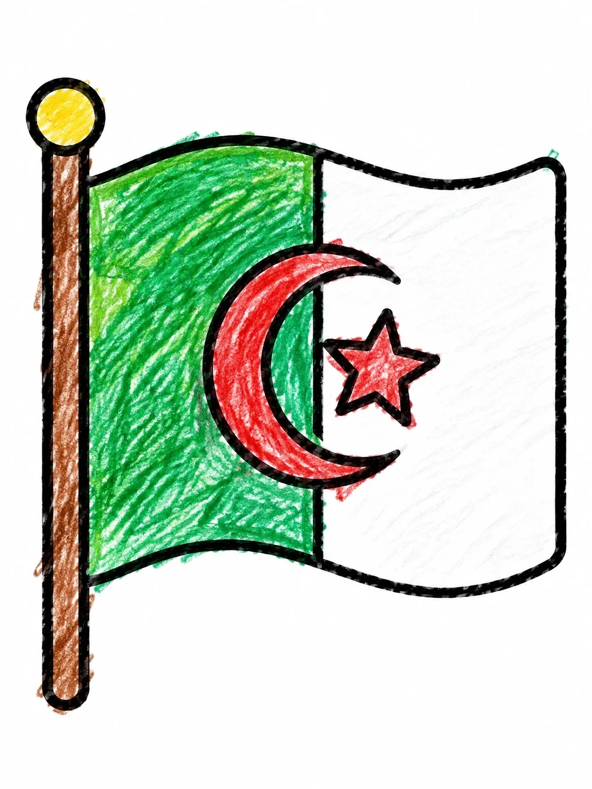 Colored example of the National Flag Of Algeria On Flagpole coloring page