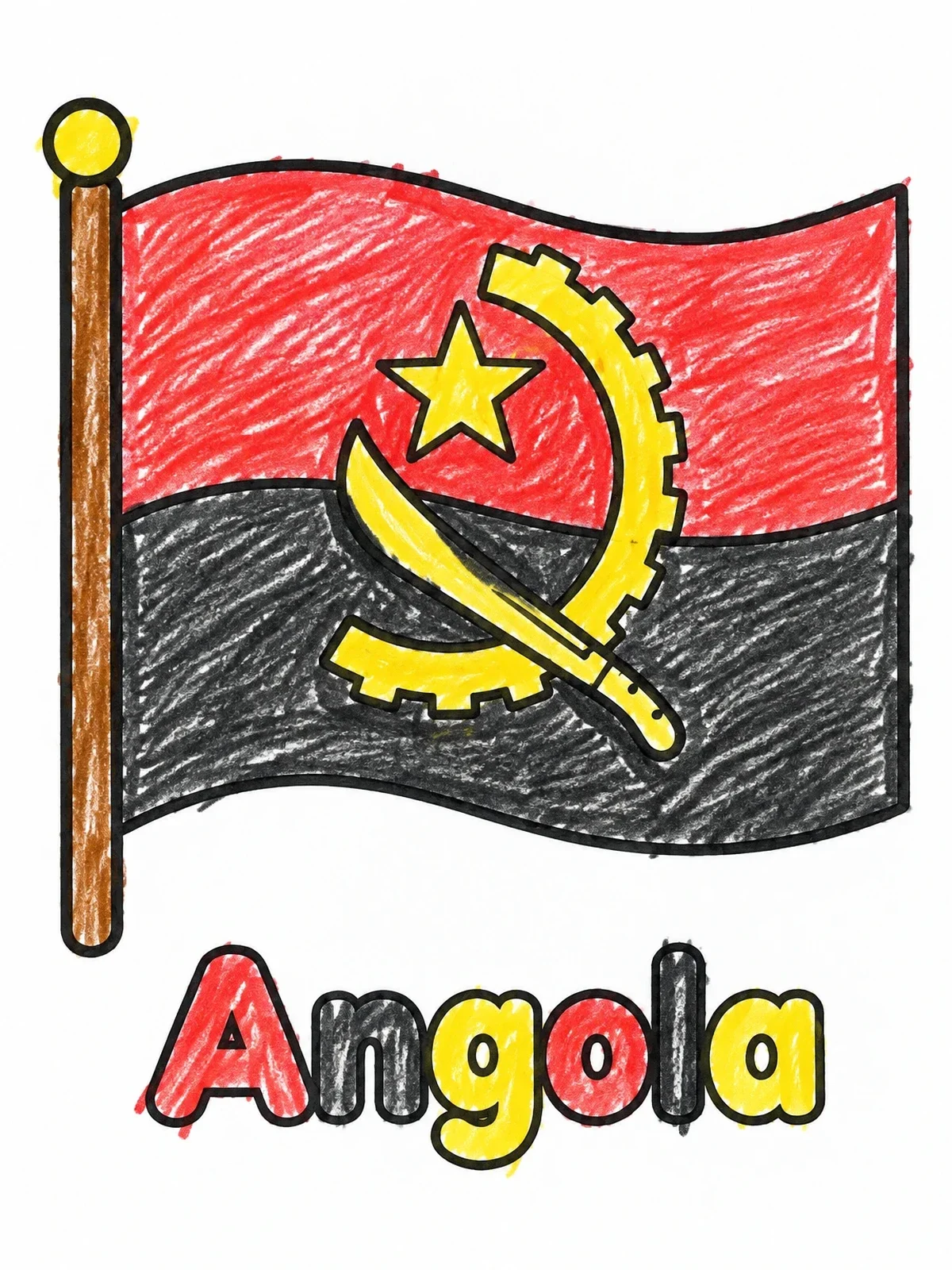 Colored example of the National Flag Of Angola Outline coloring page
