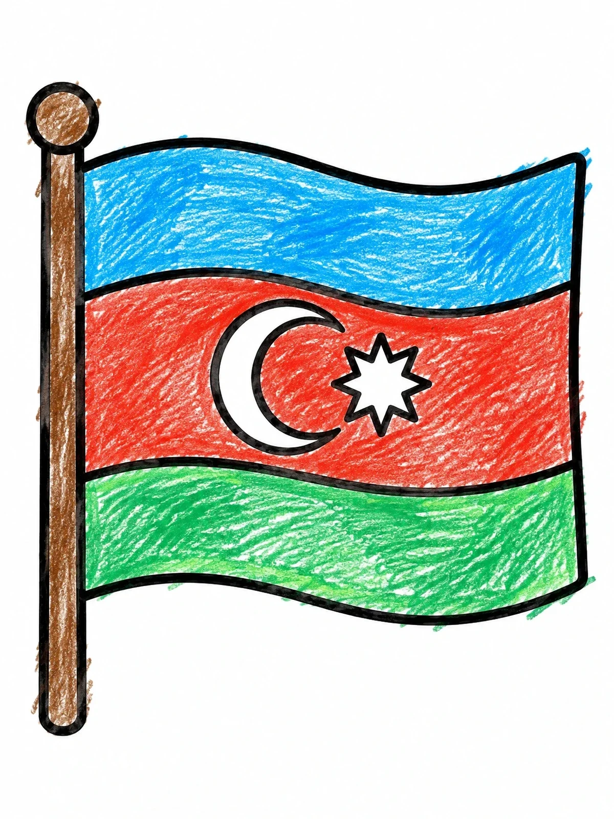 Colored example of the National Flag Of Azerbaijan On Flagpole coloring page