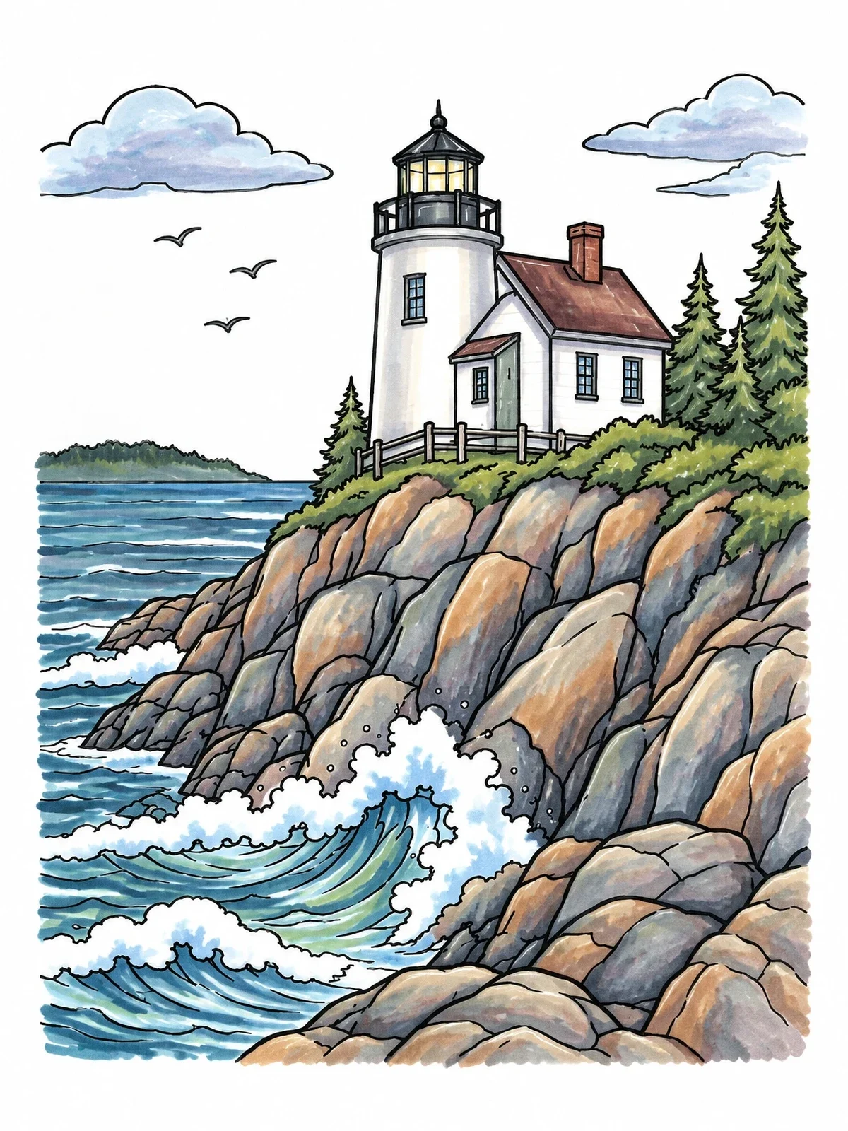Colored example of the Acadia Lighthouse On Rocky Cliffs coloring page