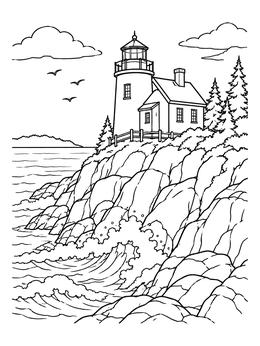 Free printable Acadia Lighthouse On Rocky Cliffs coloring page