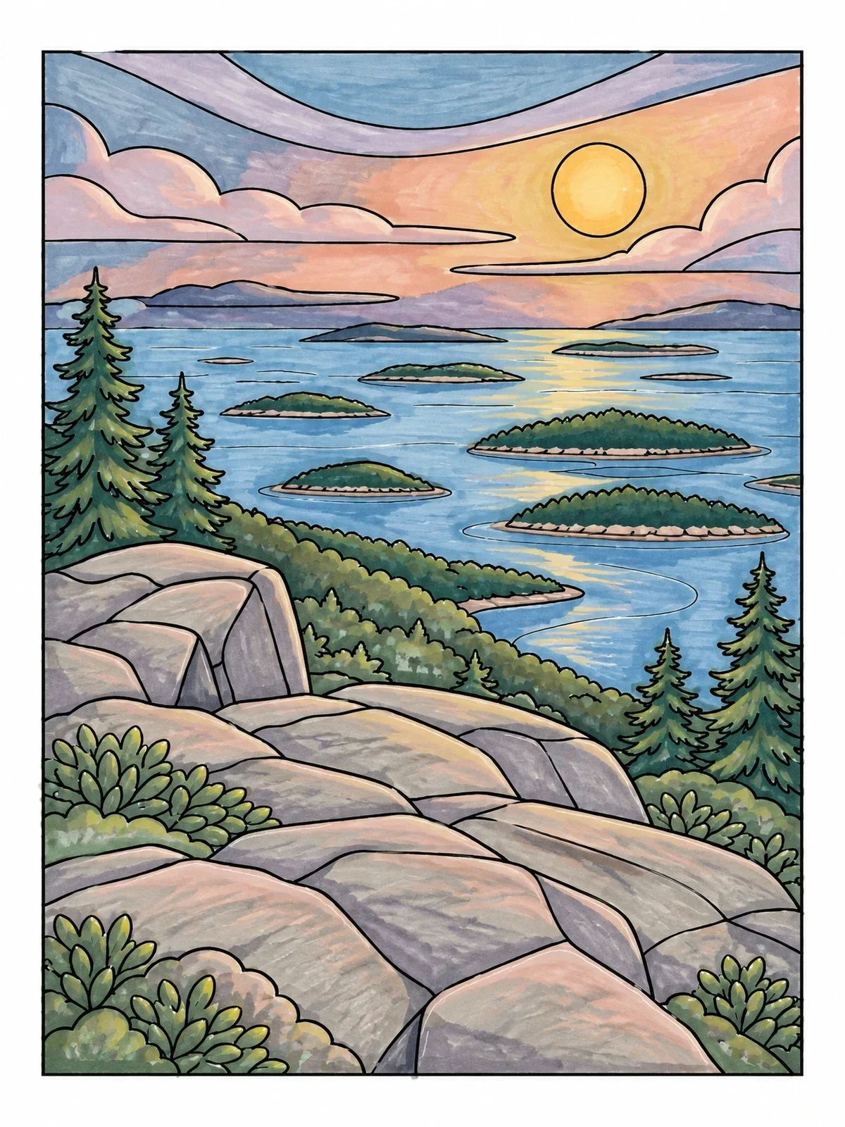 Colored example of the Cadillac Mountain Summit Overlook coloring page
