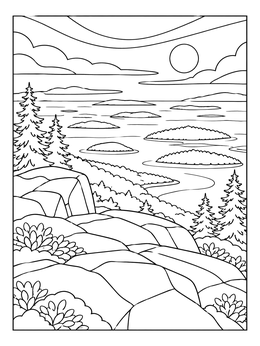 Granite ledges overlook ocean islands in this serene national park coloring page under a setting sun.
