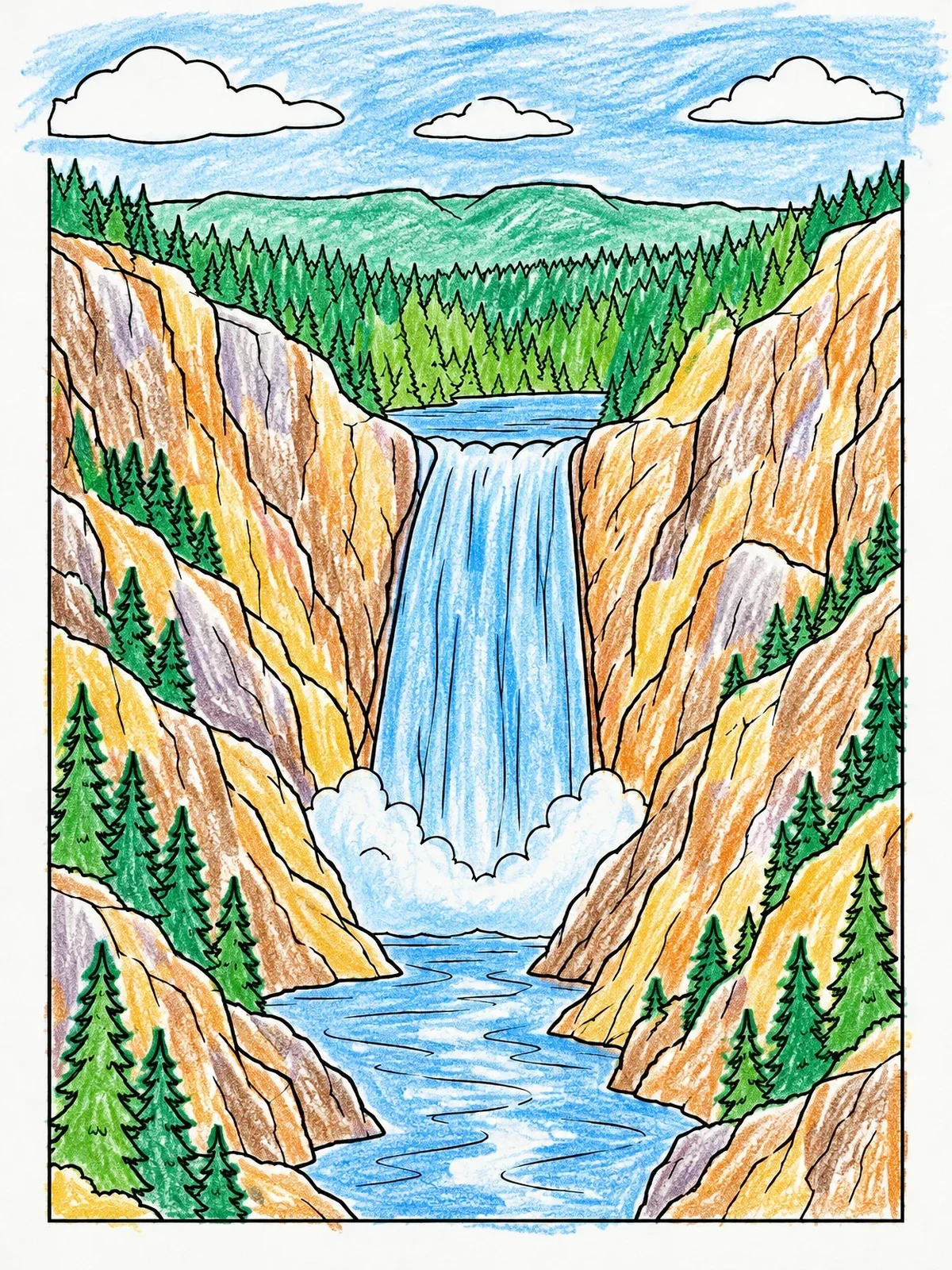 Colored example of the Canyon Waterfall And Forest coloring page