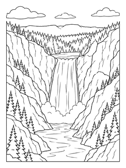 Free printable Canyon Waterfall And Forest coloring page