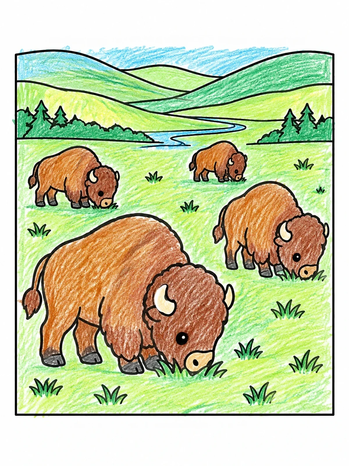 Colored example of the Cute Bison Herd In The Valley coloring page