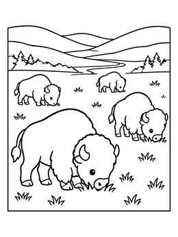 Free printable Cute Bison Herd In The Valley coloring page