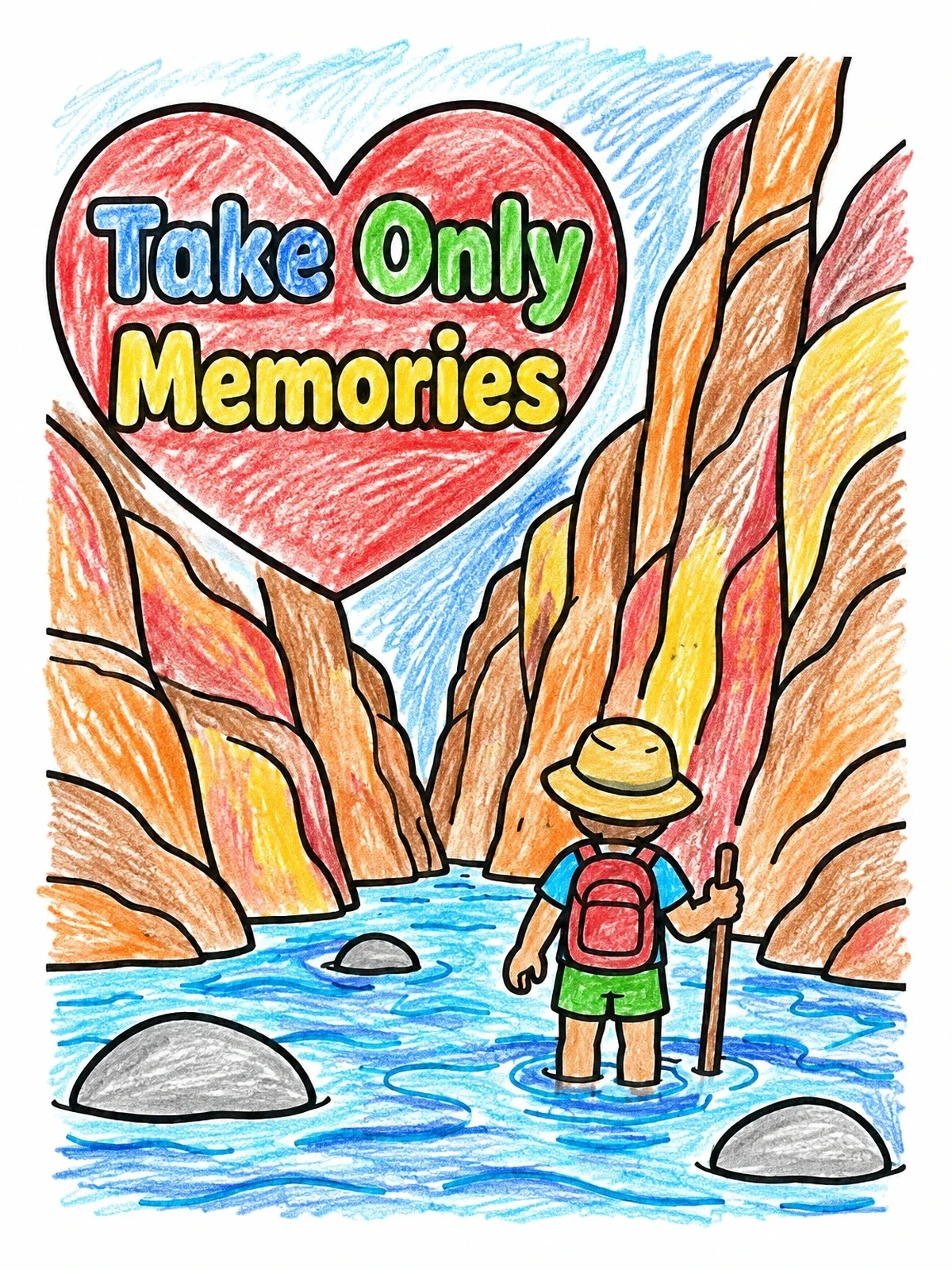 Colored example of the Hiker In Canyon River coloring page