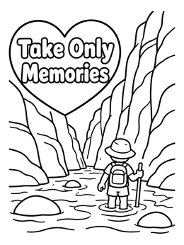 Free printable Hiker In Canyon River coloring page