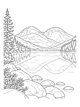 A peaceful lake reflects rounded mountains in this national park coloring page.
