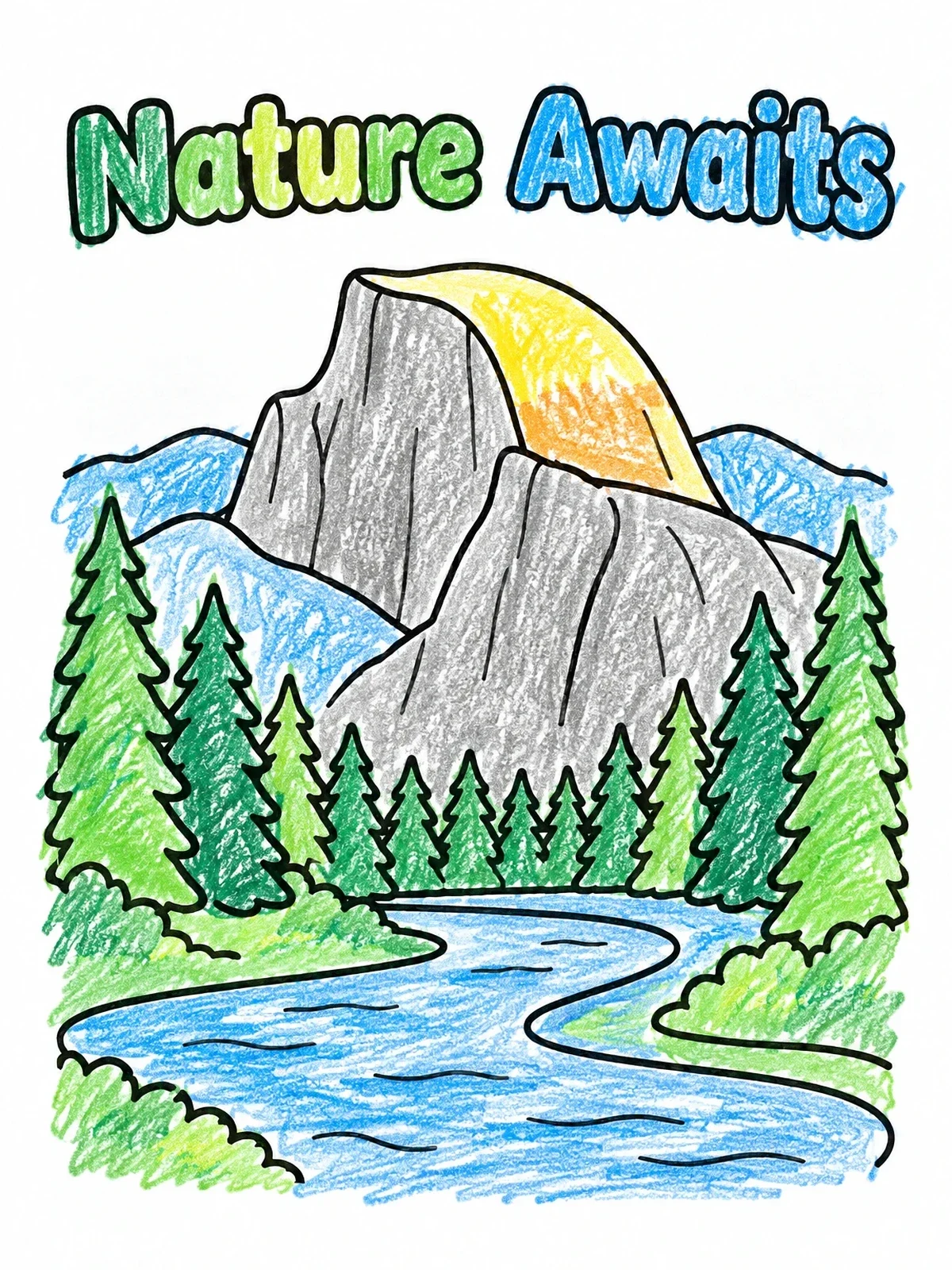 Colored example of the Nature Awaits At Half Dome coloring page