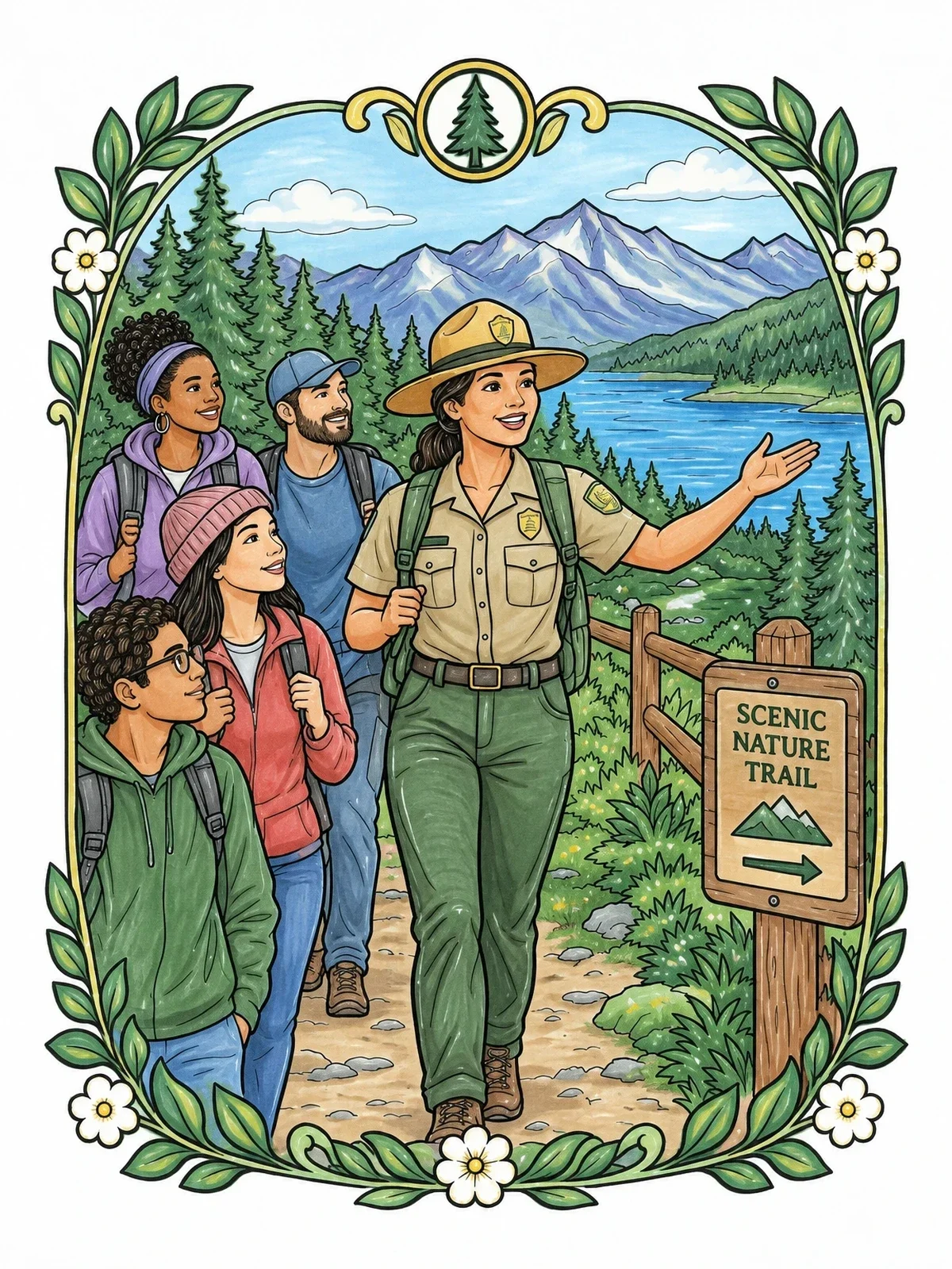 Colored example of the Park Ranger Guiding Hikers On Trail coloring page