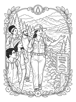 A national park coloring page showing a friendly park ranger guiding a group along a scenic nature trail.