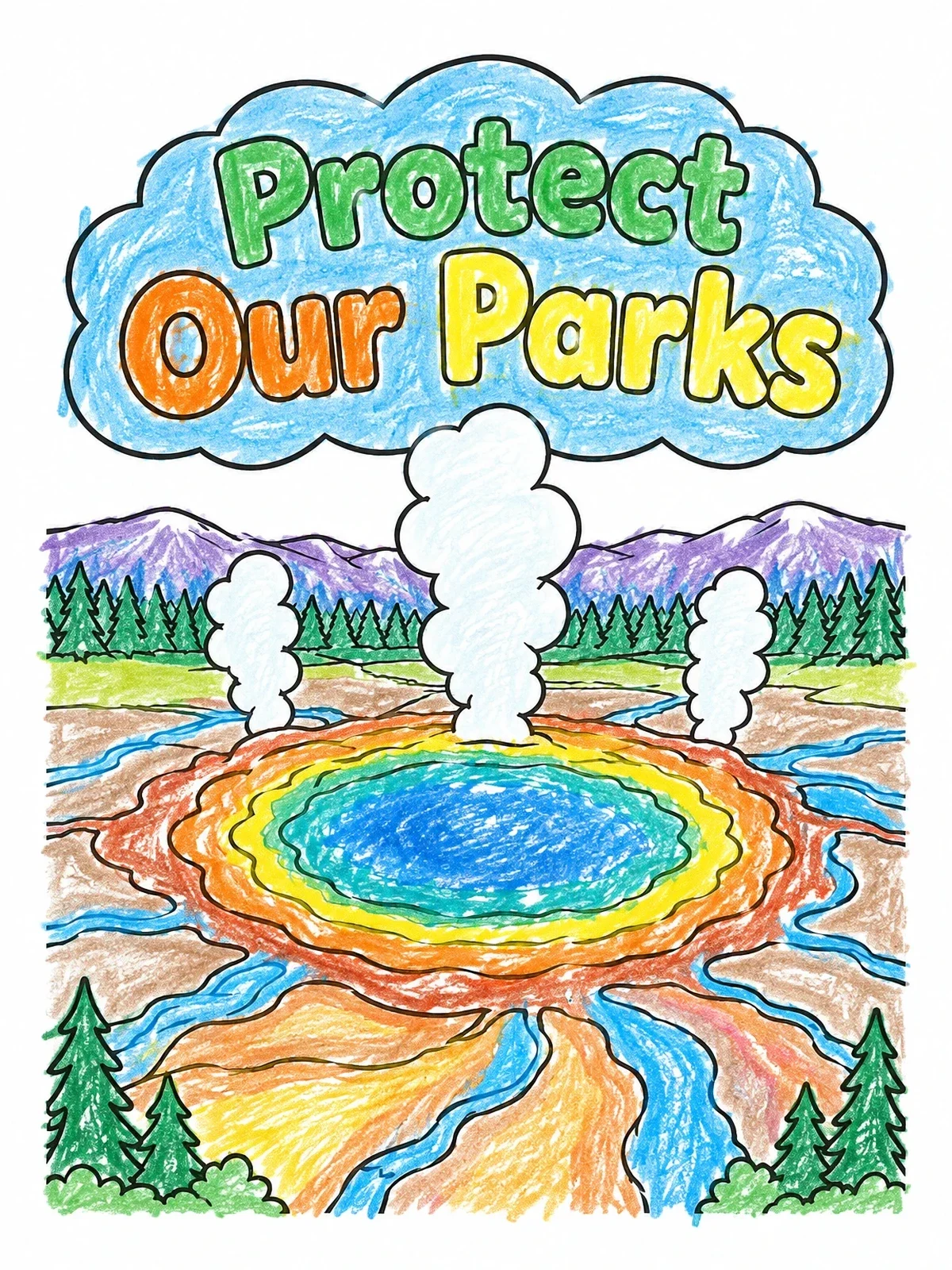 Colored example of the Protect Our Parks Hot Spring coloring page