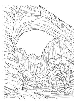 Majestic rock arch in this national park coloring page framing trees and canyon cliffs.