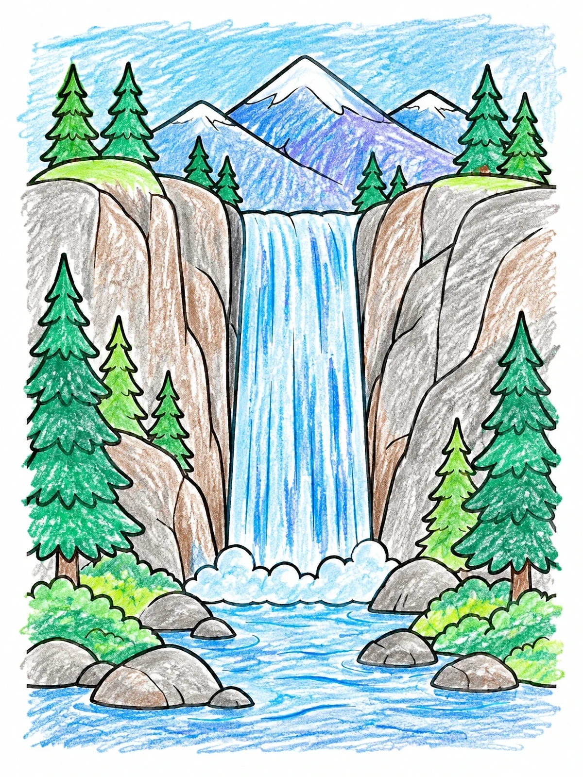 Colored example of the Waterfall In The Pine Forest coloring page