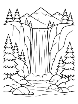 Free printable Waterfall In The Pine Forest coloring page
