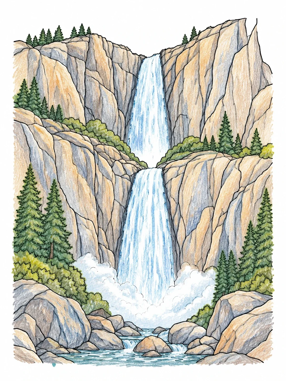 Colored example of the Yosemite Falls Cascading Down Cliffs coloring page