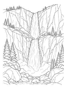 A towering two-tier waterfall in this national park coloring page with pine trees and granite rocks.