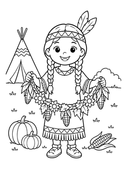 Free printable Native American Girl Holding Harvest Garland coloring page