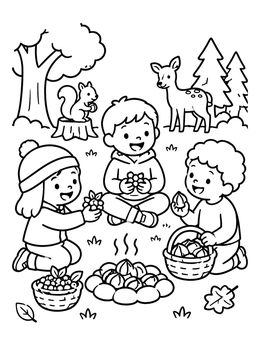 Free printable Children Sharing Autumn Harvest Outdoors coloring page