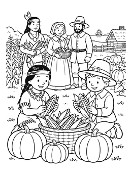 Free printable Harvest Celebration With Corn And Pumpkins coloring page