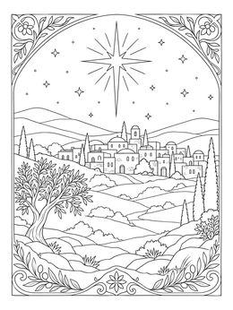 A detailed nativity coloring page showing ancient Bethlehem beneath a shining star.
