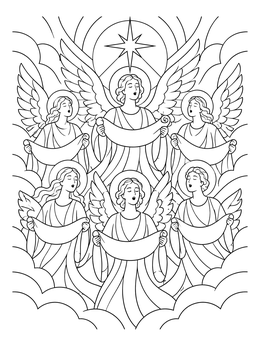 A heavenly host of singing angels on this detailed nativity coloring page.