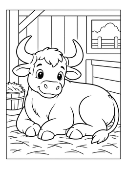 Free printable Cute Ox Resting In Stable coloring page