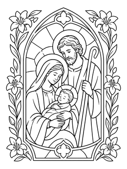 Detailed stained glass nativity coloring page with Mary, Joseph, and baby Jesus framed by lilies.