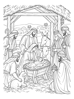 A detailed nativity coloring page showing Mary, Joseph, baby Jesus, shepherds, and wise men in the stable.