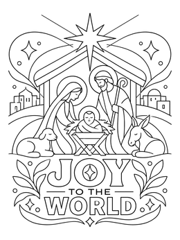 A serene nativity scene in this joy coloring page with holy family and festive text.