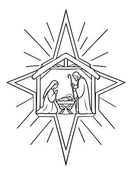 A serene nativity scene inside a shining star on this christmas star coloring page.